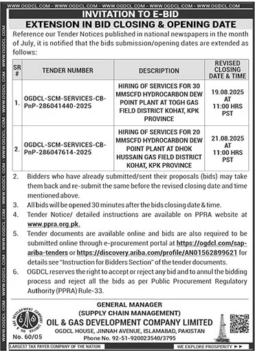 Oil & Gas Development Company Limited Islamabad Tender Notice